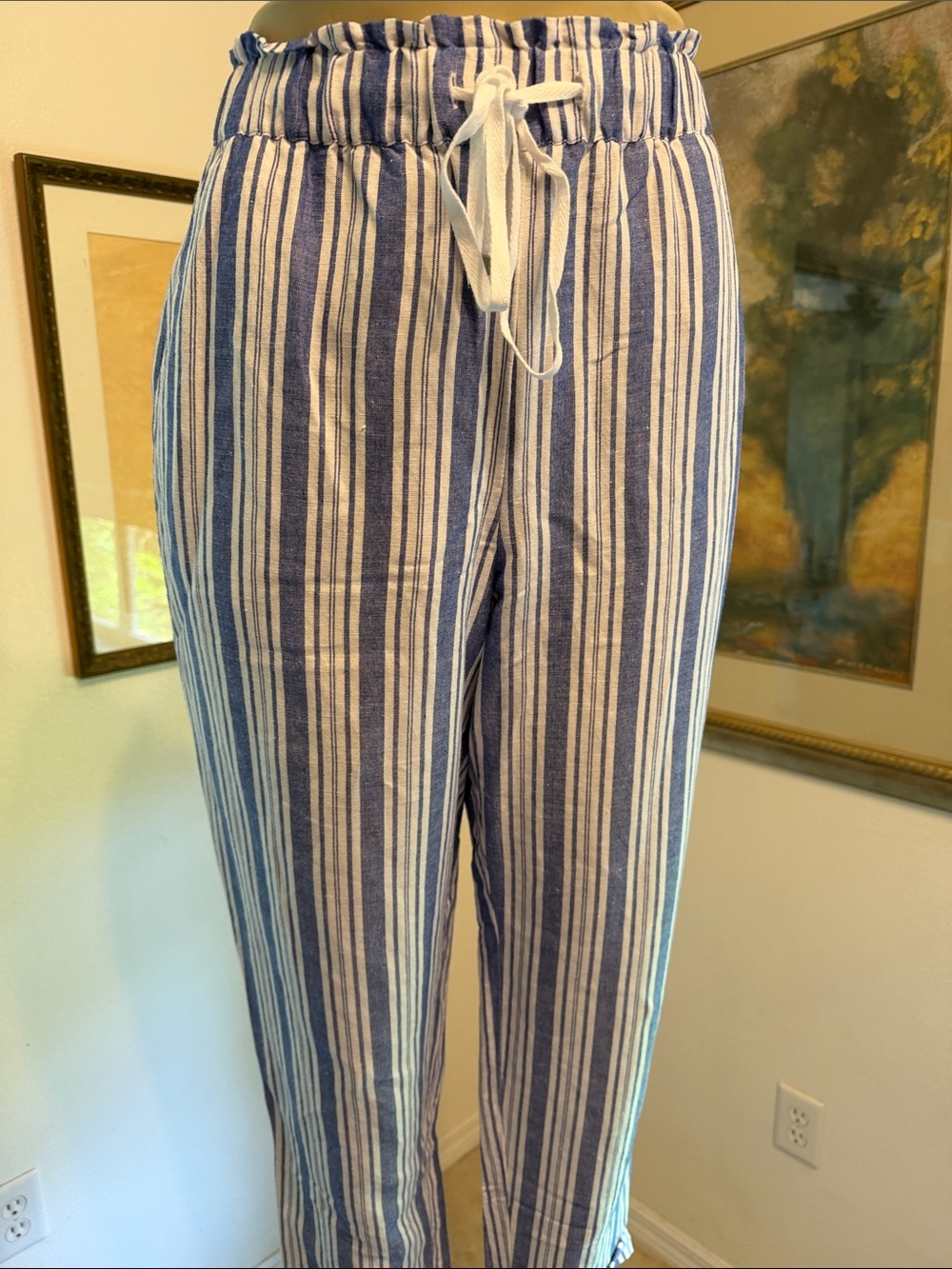 NWOT LOFT Blue & White Striped Linen Drawstring Pants w/Pockets - Picture 5 of 15